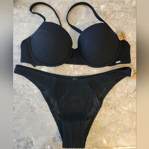 XL/XL VS PINK Swim Crinkle Push Up BikiniTop Brazilian Bikini Set Black